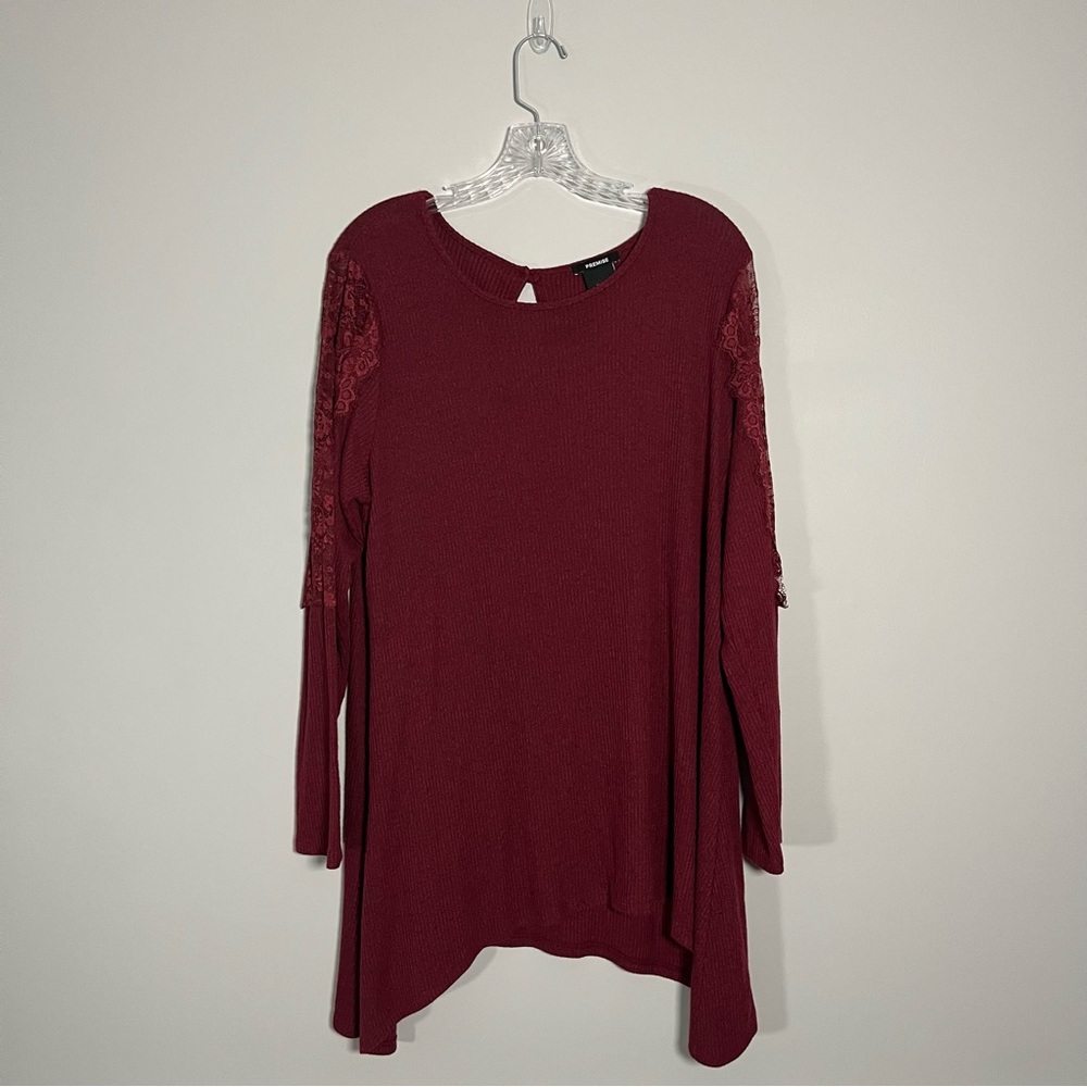 Premise Top Tunic Womens XL Red Lace Long Sleeve Asymmetrical